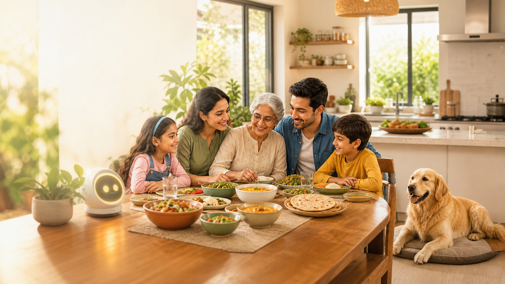A warm multigenerational family around a kitchen meal with an AI kitchen companion and a separate four-paw family member nearby.